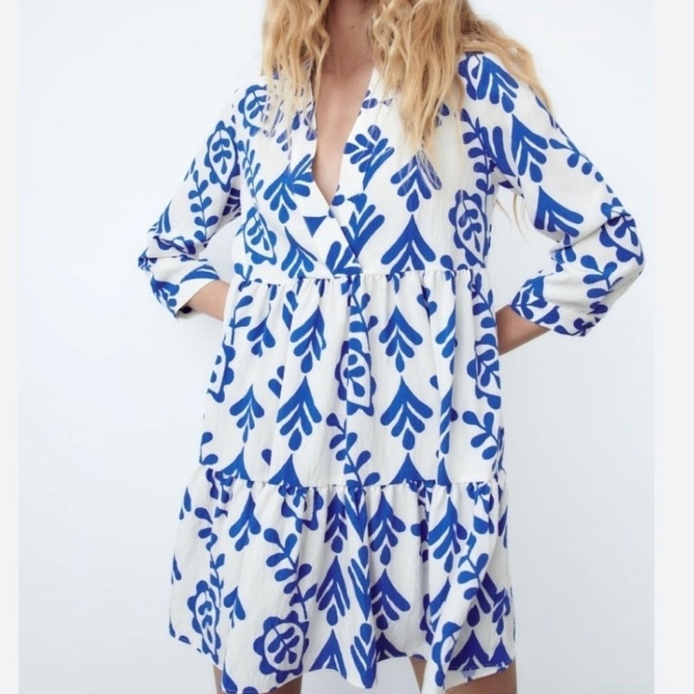 Zara Blue Botanical Print Long Sleeve V-Neck Tiered Babydoll Mini Dress | XS